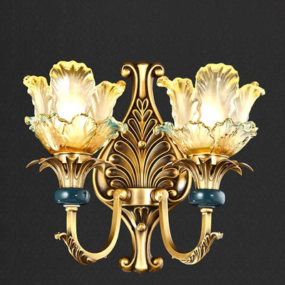 Traditional French Flower-Shaped Copper Glass 1/2-Light Wall Sconce Lamp For Bedroom