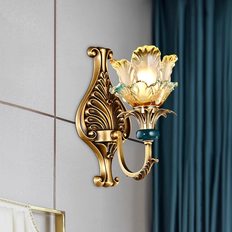 Traditional French Flower-Shaped Copper Glass 1/2-Light Wall Sconce Lamp For Bedroom