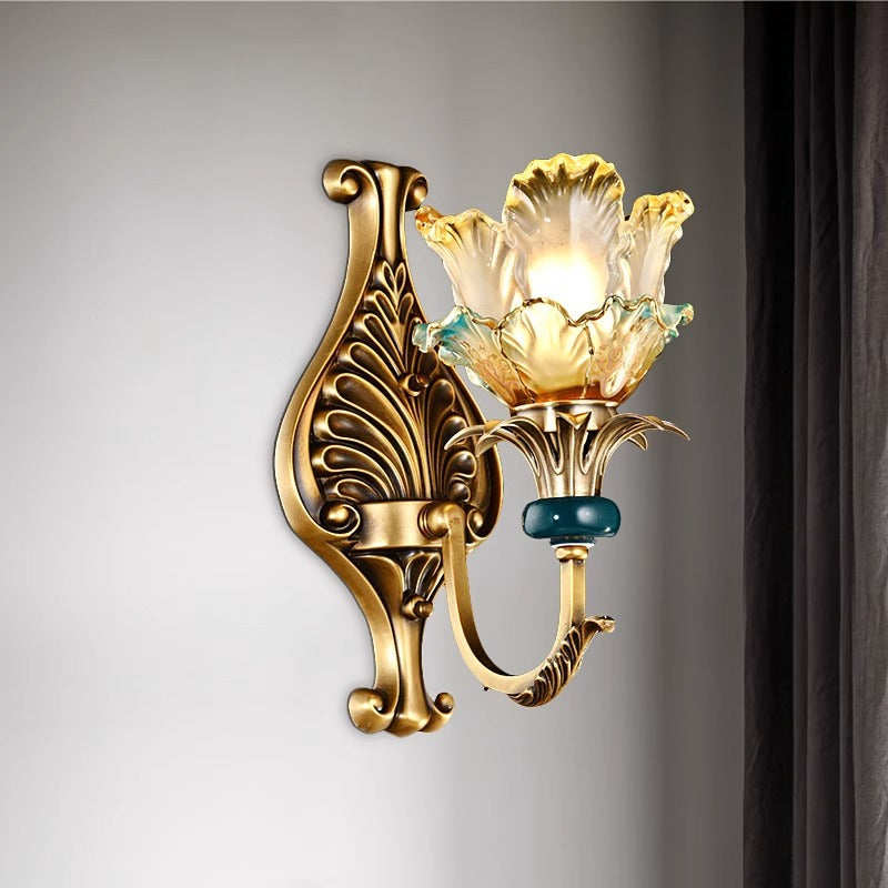 Traditional French Flower-Shaped Copper Glass 1/2-Light Wall Sconce Lamp For Bedroom