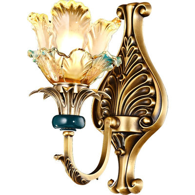 Traditional French Flower-Shaped Copper Glass 1/2-Light Wall Sconce Lamp For Bedroom