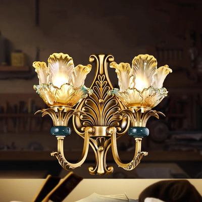 Traditional French Flower-Shaped Copper Glass 1/2-Light Wall Sconce Lamp For Bedroom