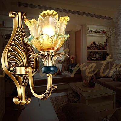 Traditional French Flower-Shaped Copper Glass 1/2-Light Wall Sconce Lamp For Bedroom