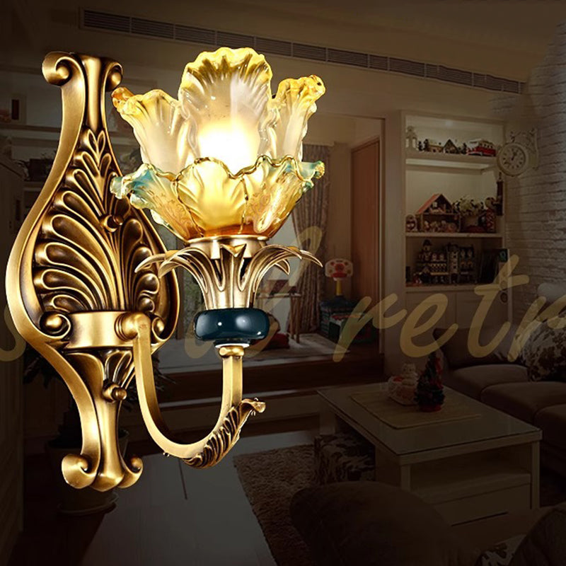 Traditional French Flower-Shaped Copper Glass 1/2-Light Wall Sconce Lamp For Bedroom