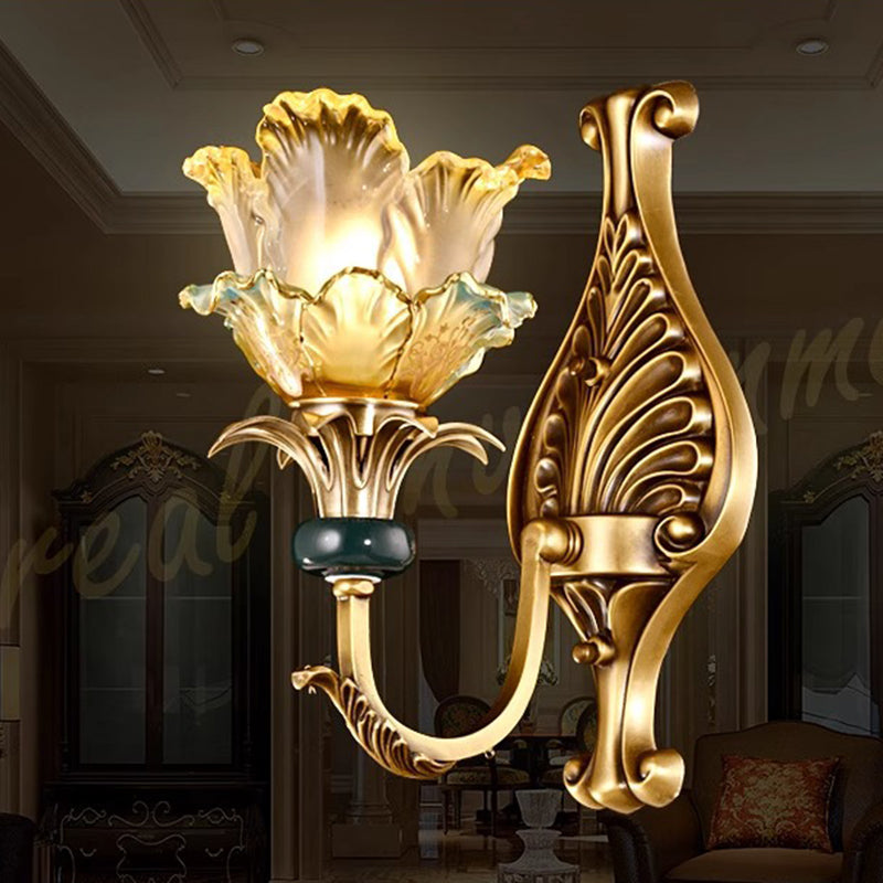Traditional French Flower-Shaped Copper Glass 1/2-Light Wall Sconce Lamp For Bedroom