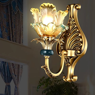 Traditional French Flower-Shaped Copper Glass 1/2-Light Wall Sconce Lamp For Bedroom