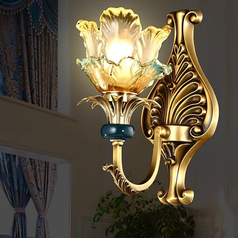 Traditional French Flower-Shaped Copper Glass 1/2-Light Wall Sconce Lamp For Bedroom