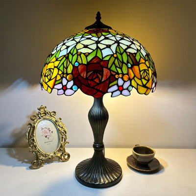Traditional Tiffany Lines Flower Pattern Resin Glass 2-Light Table Lamp For Bedroom