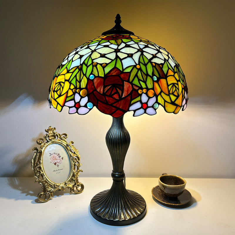 Traditional Tiffany Lines Flower Pattern Resin Glass 2-Light Table Lamp For Bedroom