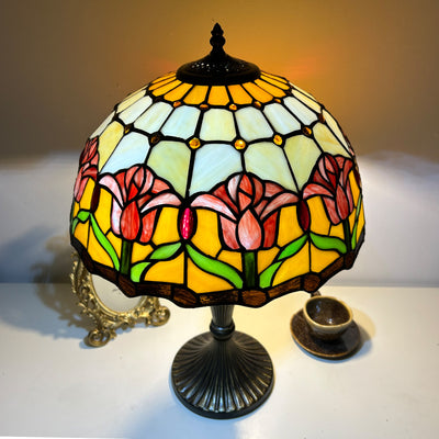 Traditional Tiffany Lines Flower Pattern Resin Glass 2-Light Table Lamp For Bedroom