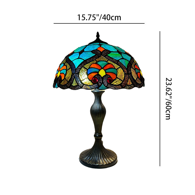 Traditional Tiffany Lines Flower Pattern Resin Glass 2-Light Table Lamp For Bedroom