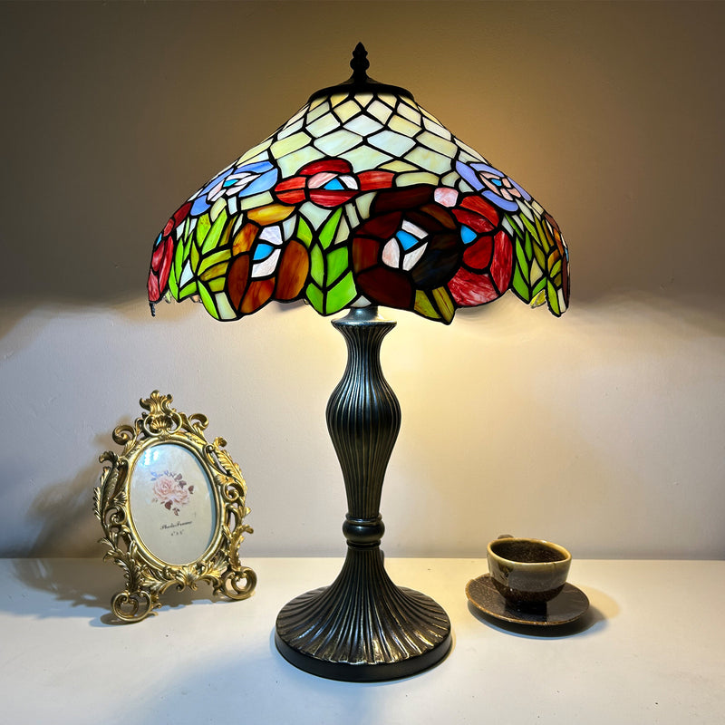 Traditional Tiffany Lines Flower Pattern Resin Glass 2-Light Table Lamp For Bedroom