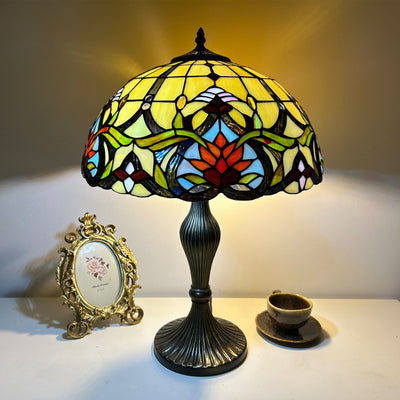 Traditional Tiffany Lines Flower Pattern Resin Glass 2-Light Table Lamp For Bedroom