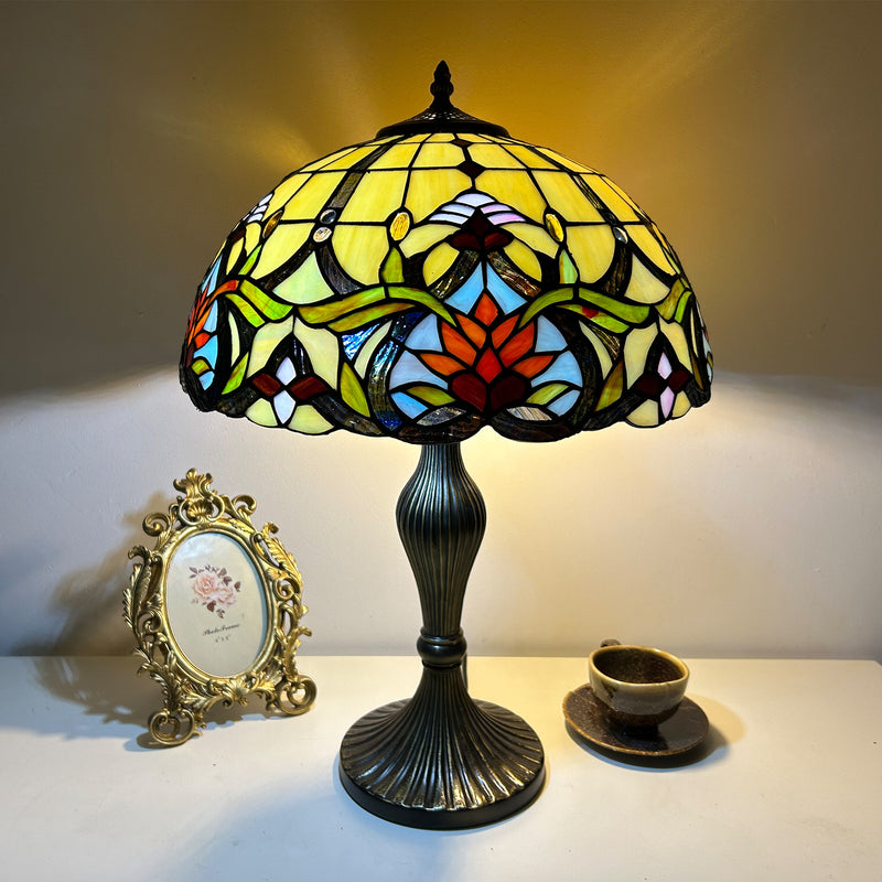 Traditional Tiffany Lines Flower Pattern Resin Glass 2-Light Table Lamp For Bedroom