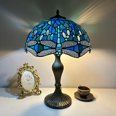 Traditional Tiffany Lines Flower Pattern Resin Glass 2-Light Table Lamp For Bedroom