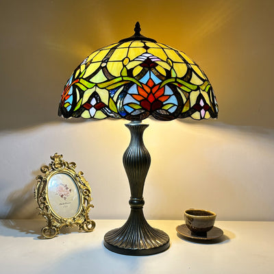 Traditional Tiffany Lines Flower Pattern Resin Glass 2-Light Table Lamp For Bedroom
