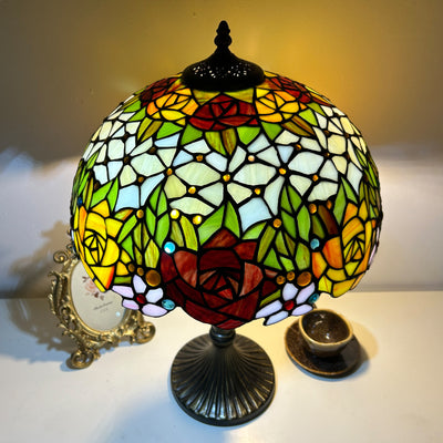 Traditional Tiffany Lines Flower Pattern Resin Glass 2-Light Table Lamp For Bedroom