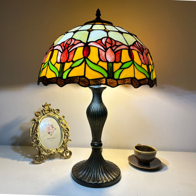 Traditional Tiffany Lines Flower Pattern Resin Glass 2-Light Table Lamp For Bedroom