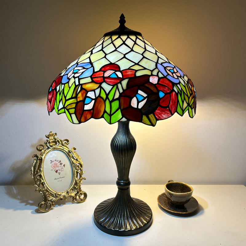 Traditional Tiffany Lines Flower Pattern Resin Glass 2-Light Table Lamp For Bedroom