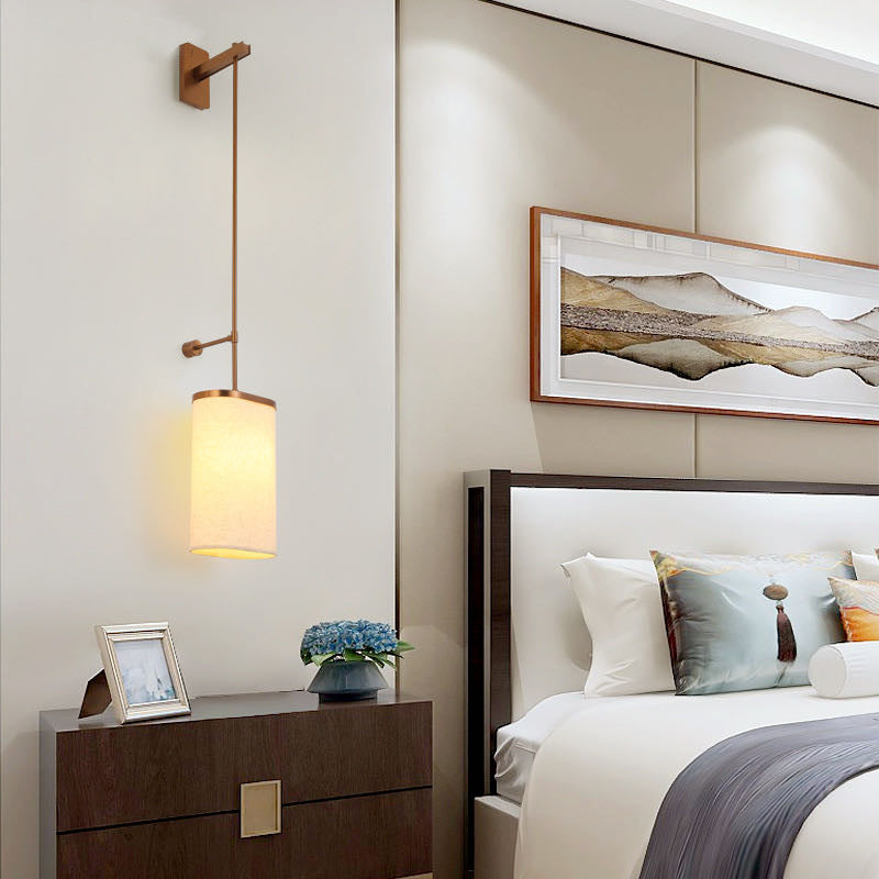 Traditional Vintage Long Pole Cylindrical Stainless Steel Acrylic Linen 1-Light Wall Sconce Lamp For Bedroom