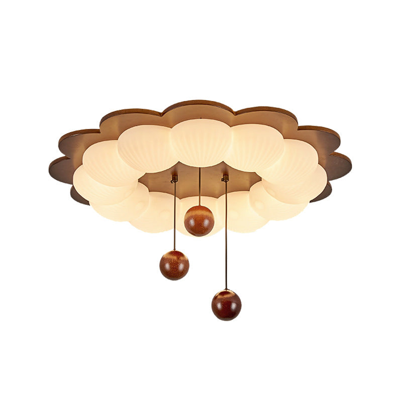 Plafonnier LED en forme de boule traditionnelle vintage en bois de frêne et plastique avec motif de fleur pour chambre 