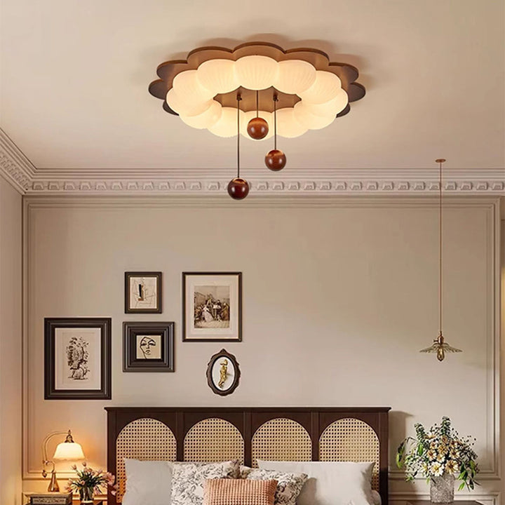 Plafonnier LED en forme de boule traditionnelle vintage en bois de frêne et plastique avec motif de fleur pour chambre 