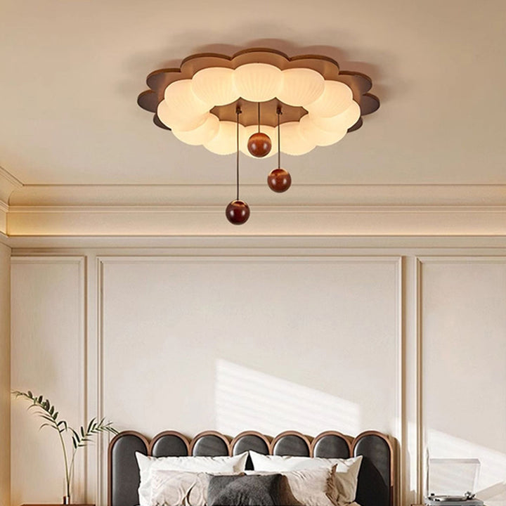 Plafonnier LED en forme de boule traditionnelle vintage en bois de frêne et plastique avec motif de fleur pour chambre 