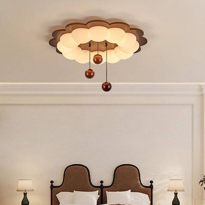 Plafonnier LED en forme de boule traditionnelle vintage en bois de frêne et plastique avec motif de fleur pour chambre 