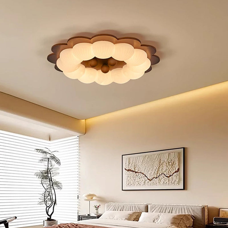 Plafonnier LED en forme de boule traditionnelle vintage en bois de frêne et plastique avec motif de fleur pour chambre 