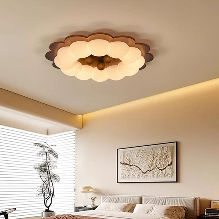 Plafonnier LED en forme de boule traditionnelle vintage en bois de frêne et plastique avec motif de fleur pour chambre 