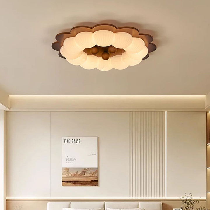 Plafonnier LED en forme de boule traditionnelle vintage en bois de frêne et plastique avec motif de fleur pour chambre 