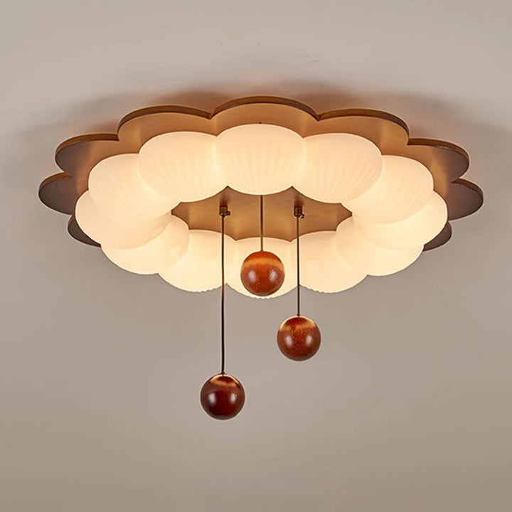 Plafonnier LED en forme de boule traditionnelle vintage en bois de frêne et plastique avec motif de fleur pour chambre 