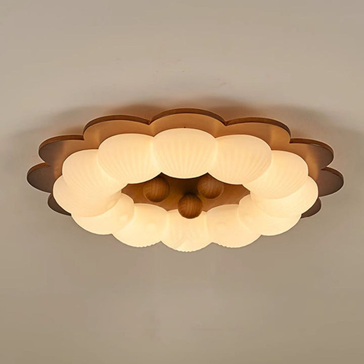 Plafonnier LED en forme de boule traditionnelle vintage en bois de frêne et plastique avec motif de fleur pour chambre 
