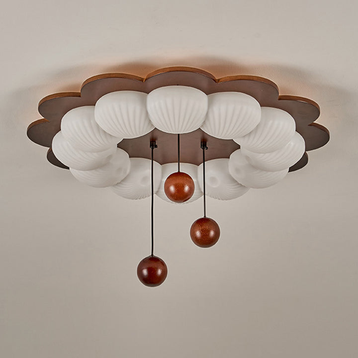 Plafonnier LED en forme de boule traditionnelle vintage en bois de frêne et plastique avec motif de fleur pour chambre 