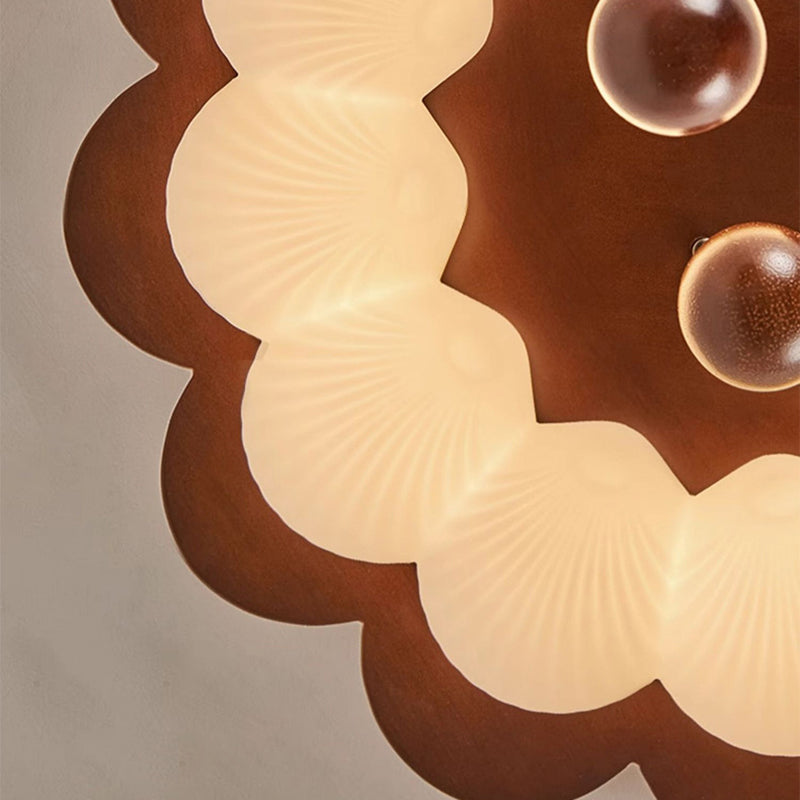 Plafonnier LED en forme de boule traditionnelle vintage en bois de frêne et plastique avec motif de fleur pour chambre 
