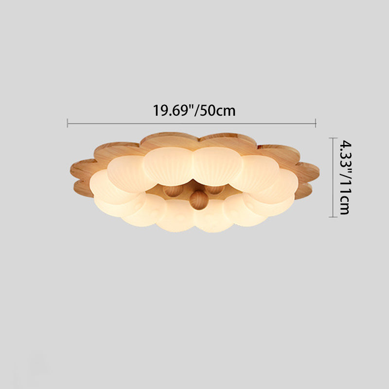 Plafonnier LED en forme de boule traditionnelle vintage en bois de frêne et plastique avec motif de fleur pour chambre 