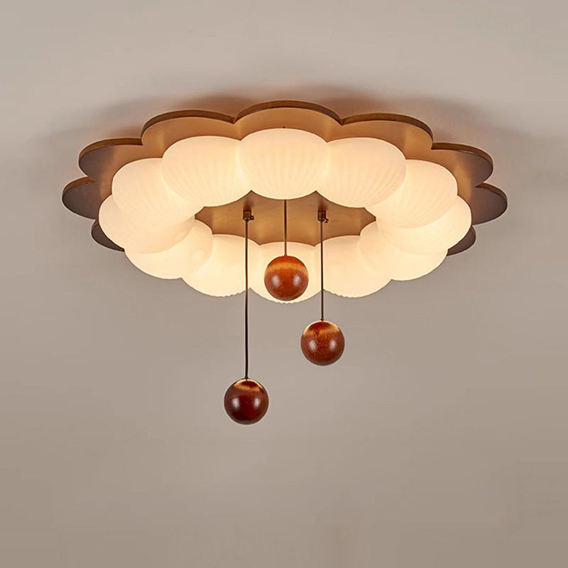 Plafonnier LED en forme de boule traditionnelle vintage en bois de frêne et plastique avec motif de fleur pour chambre 