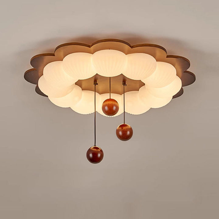 Plafonnier LED en forme de boule traditionnelle vintage en bois de frêne et plastique avec motif de fleur pour chambre 