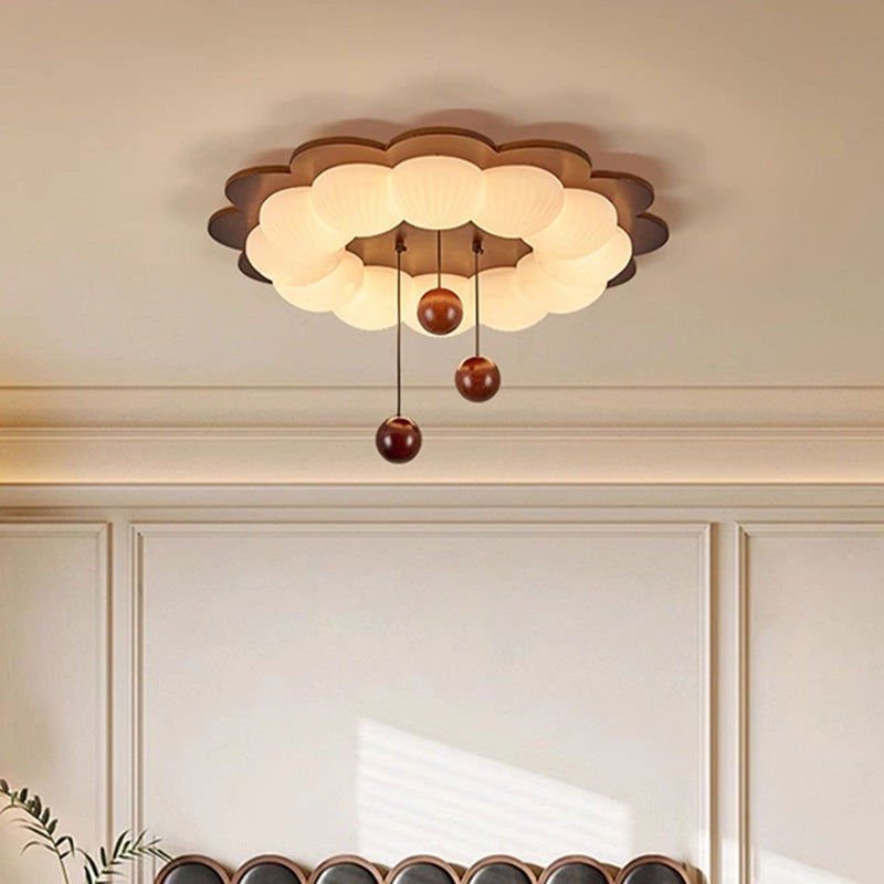 Plafonnier LED en forme de boule traditionnelle vintage en bois de frêne et plastique avec motif de fleur pour chambre 