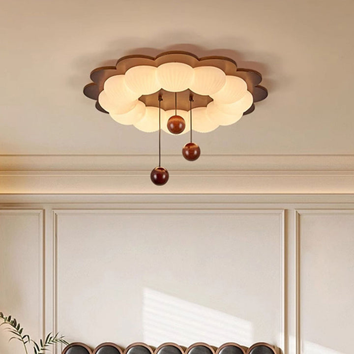 Plafonnier LED en forme de boule traditionnelle vintage en bois de frêne et plastique avec motif de fleur pour chambre 