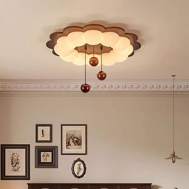 Plafonnier LED en forme de boule traditionnelle vintage en bois de frêne et plastique avec motif de fleur pour chambre 