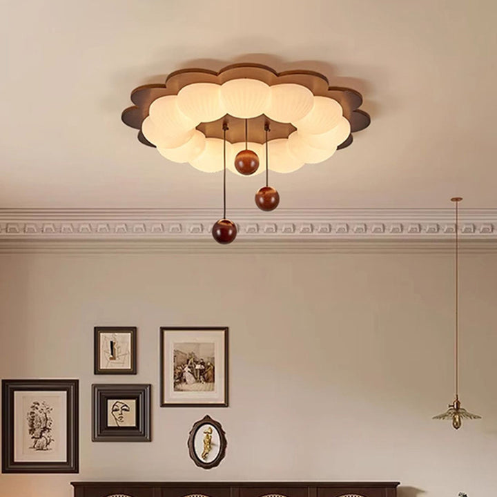 Plafonnier LED en forme de boule traditionnelle vintage en bois de frêne et plastique avec motif de fleur pour chambre 