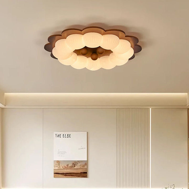 Plafonnier LED en forme de boule traditionnelle vintage en bois de frêne et plastique avec motif de fleur pour chambre 