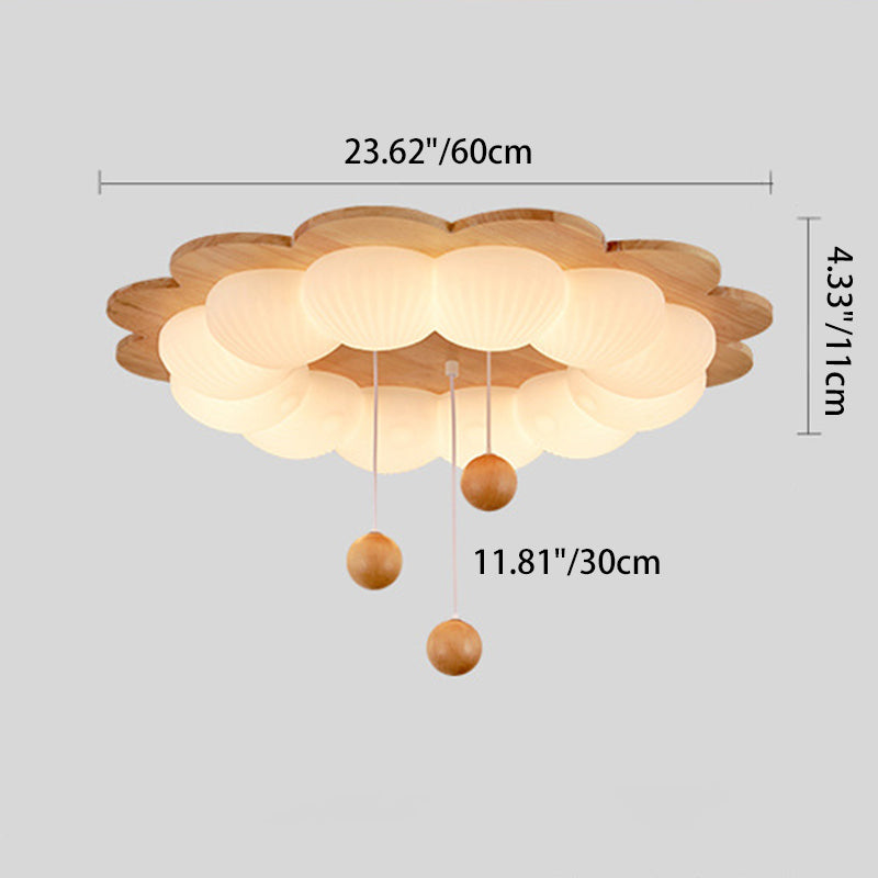 Plafonnier LED en forme de boule traditionnelle vintage en bois de frêne et plastique avec motif de fleur pour chambre 