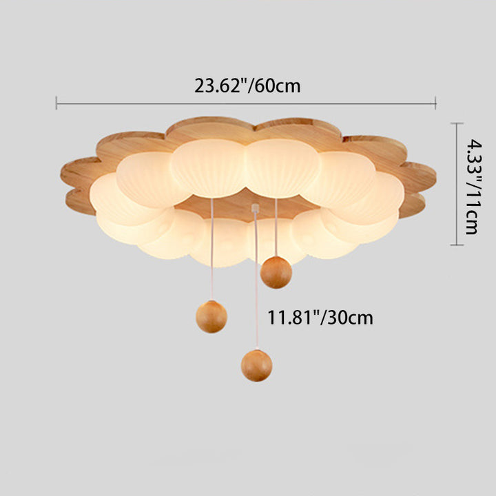 Plafonnier LED en forme de boule traditionnelle vintage en bois de frêne et plastique avec motif de fleur pour chambre 