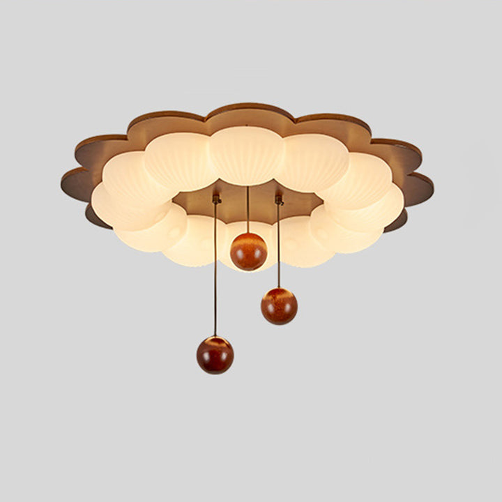 Plafonnier LED en forme de boule traditionnelle vintage en bois de frêne et plastique avec motif de fleur pour chambre 