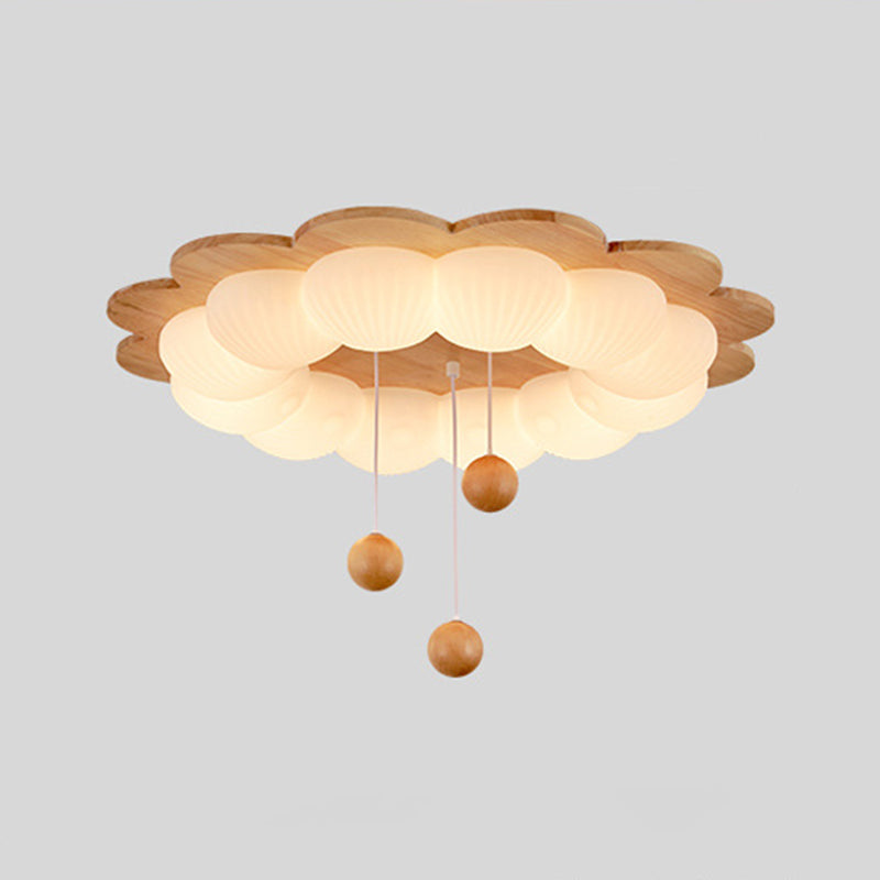 Plafonnier LED en forme de boule traditionnelle vintage en bois de frêne et plastique avec motif de fleur pour chambre 