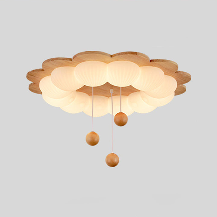 Plafonnier LED en forme de boule traditionnelle vintage en bois de frêne et plastique avec motif de fleur pour chambre 
