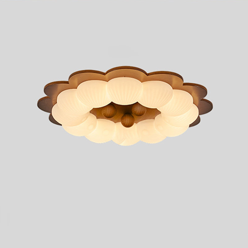 Plafonnier LED en forme de boule traditionnelle vintage en bois de frêne et plastique avec motif de fleur pour chambre 