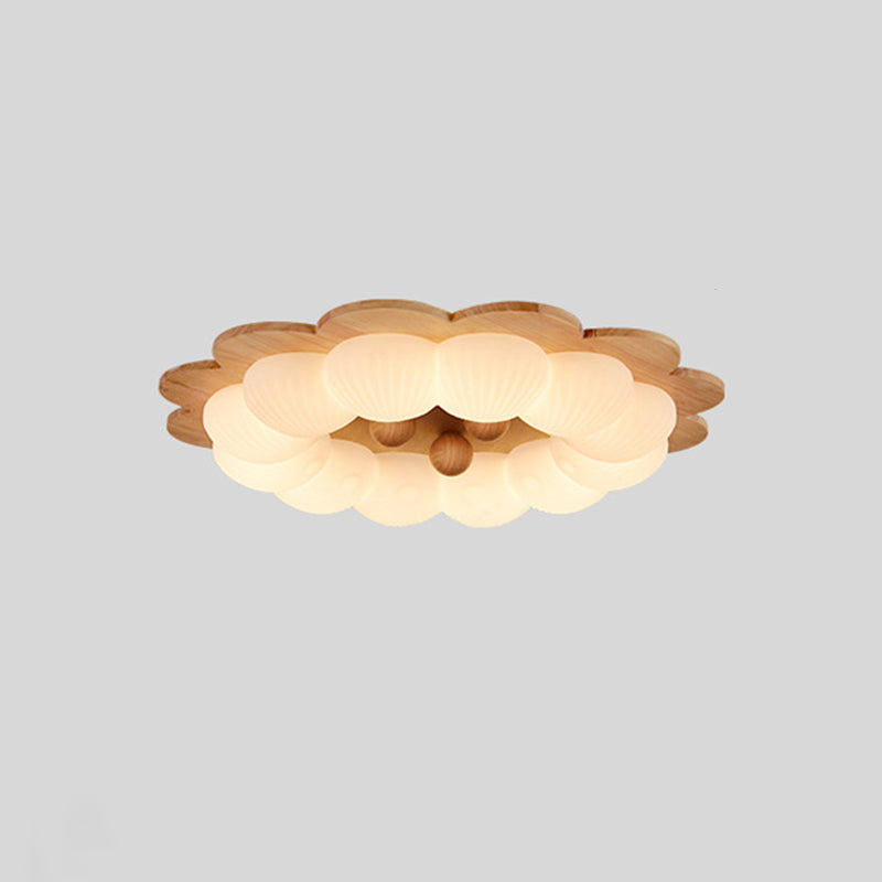 Plafonnier LED en forme de boule traditionnelle vintage en bois de frêne et plastique avec motif de fleur pour chambre 
