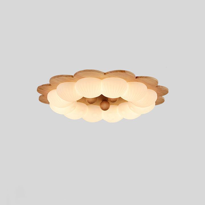 Plafonnier LED en forme de boule traditionnelle vintage en bois de frêne et plastique avec motif de fleur pour chambre 